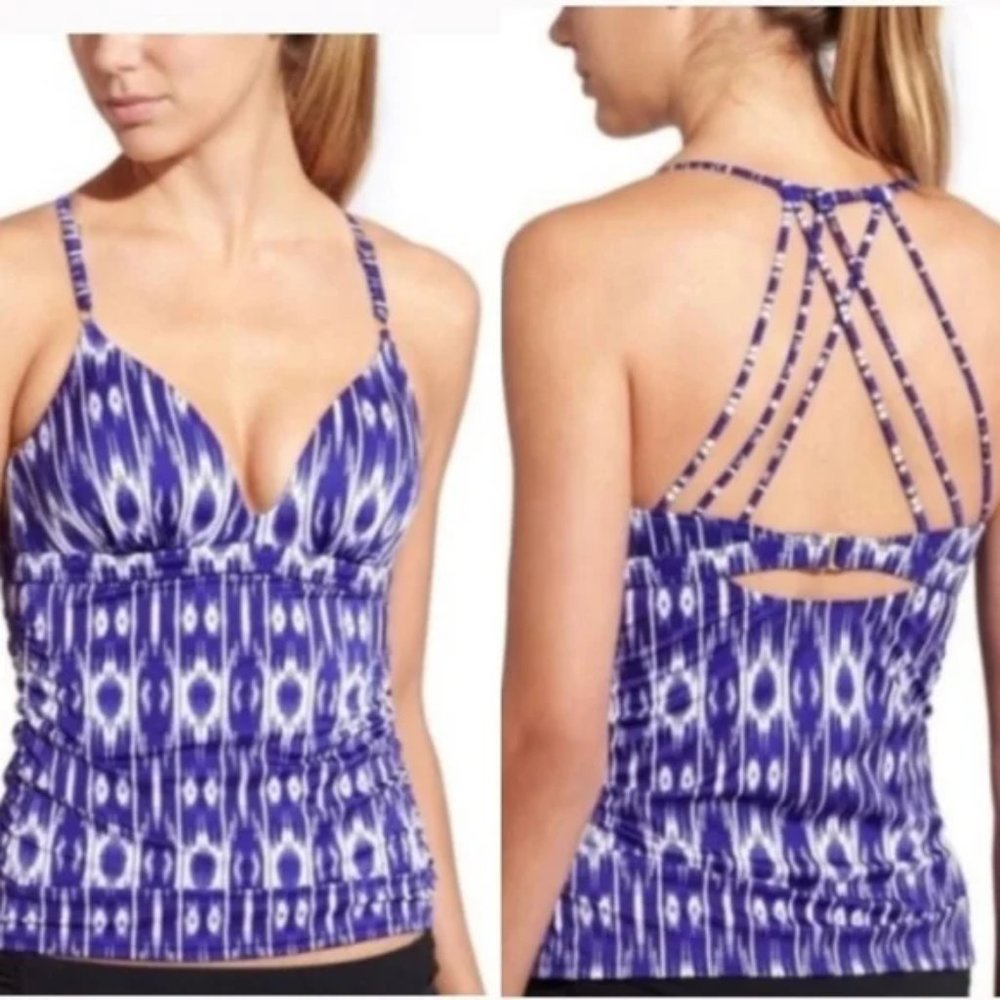 Athleta Navy Blue Auqualux Aztec Print Strappy Swim Tankini Top Size Small - Picture 1 of 7